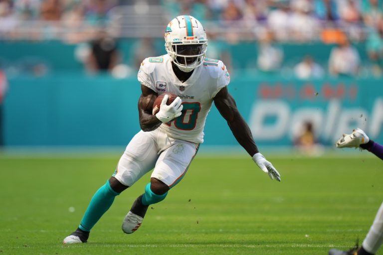Tyreek Hill WR Miami Dolphins before he dislocated his nee for the Week 5 Waiver Wire Fantasy Football Pickups