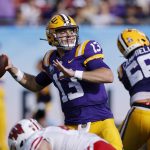 Garrett Nussmeier SuperFlex 2026 Dynasty Rookie Big Board featured QB from LSU playing football on Saturday.