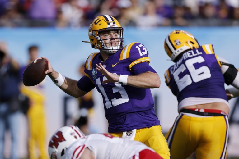 Garrett Nussmeier SuperFlex 2026 Dynasty Rookie Big Board featured QB from LSU playing football on Saturday.