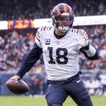 Week 6 Fantasy Football Start/Sit Advanced Stats guide features Caleb Williams of the Chicago Bears as he rushes toward the end zone.