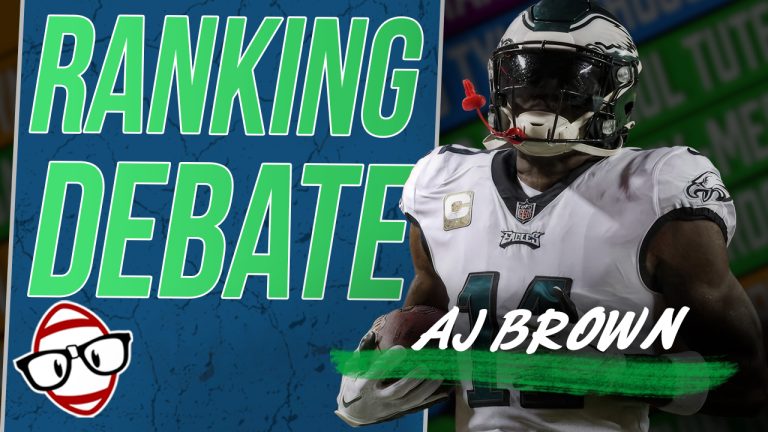 AJ Brown with the words "ranking debate" behind him. Thumbnail for a dynasty fantasy football podcast