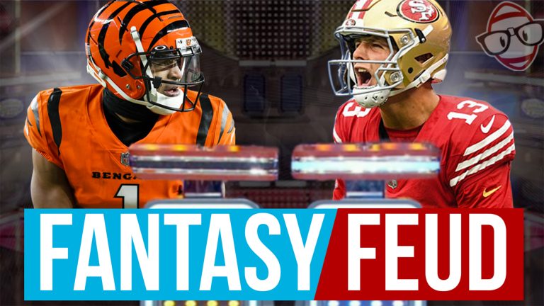Fantasy Feud thumbnail for dynasty fantasy football podcast featuring Ja'marr Chase and Brock Purdy