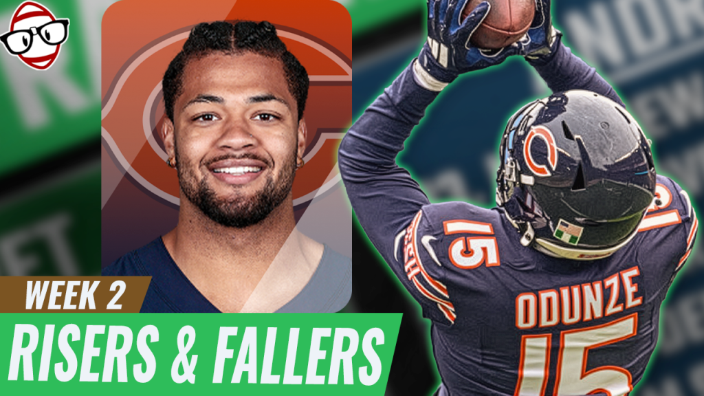 Ep. 700 Thumbnail - Dynasty Nerds NFL Week 2 Risers and Fallers Thumbnail featuring Rome Odunze