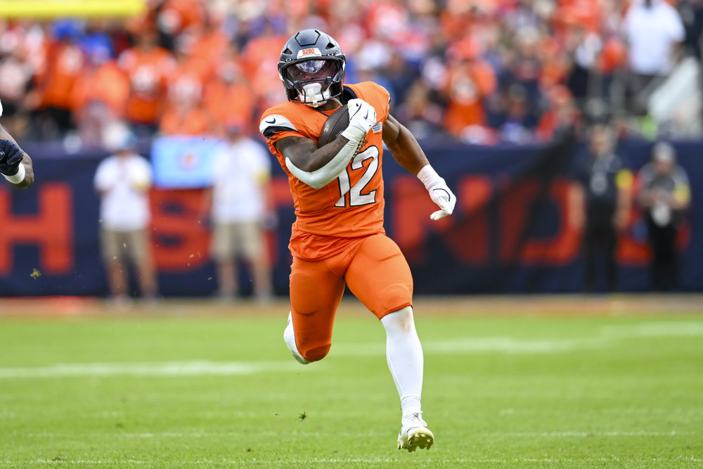 NFL: SEP 07 Titans at Broncos - Dynasty Nerds RJ Harvey, the featured photo for our dynasty fantasy football RB backups to target for 2025