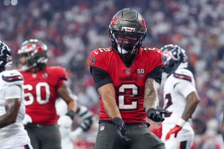 Emeka Egbuka celebrates a touchdown for the Week 10 Fantasy Football Player Rankings Tiers Start Sit QB RB WR TE