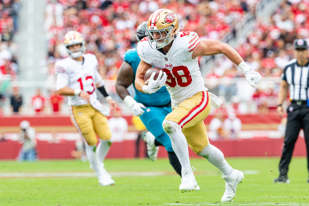 NFL: SEP 28 Jaguars at 49ers - Dynasty Nerds Updated as Jake Tonges takes off down the seam before he's featured in the Week 6 Waiver Wire Fantasy Football Pickups