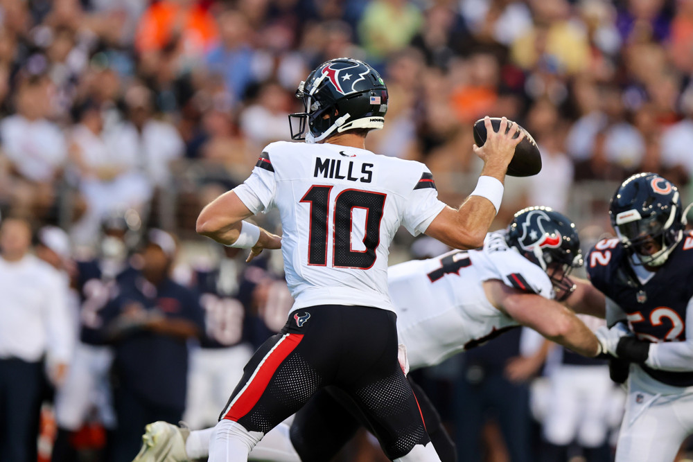 NFL: AUG 01 Hall of Fame Game - Bears vs Texans - Dynasty Nerds Davis Mills featured as a main add in the Week 10 Waiver Wire Fantasy Football Pickups for dynasty Week 10 targets